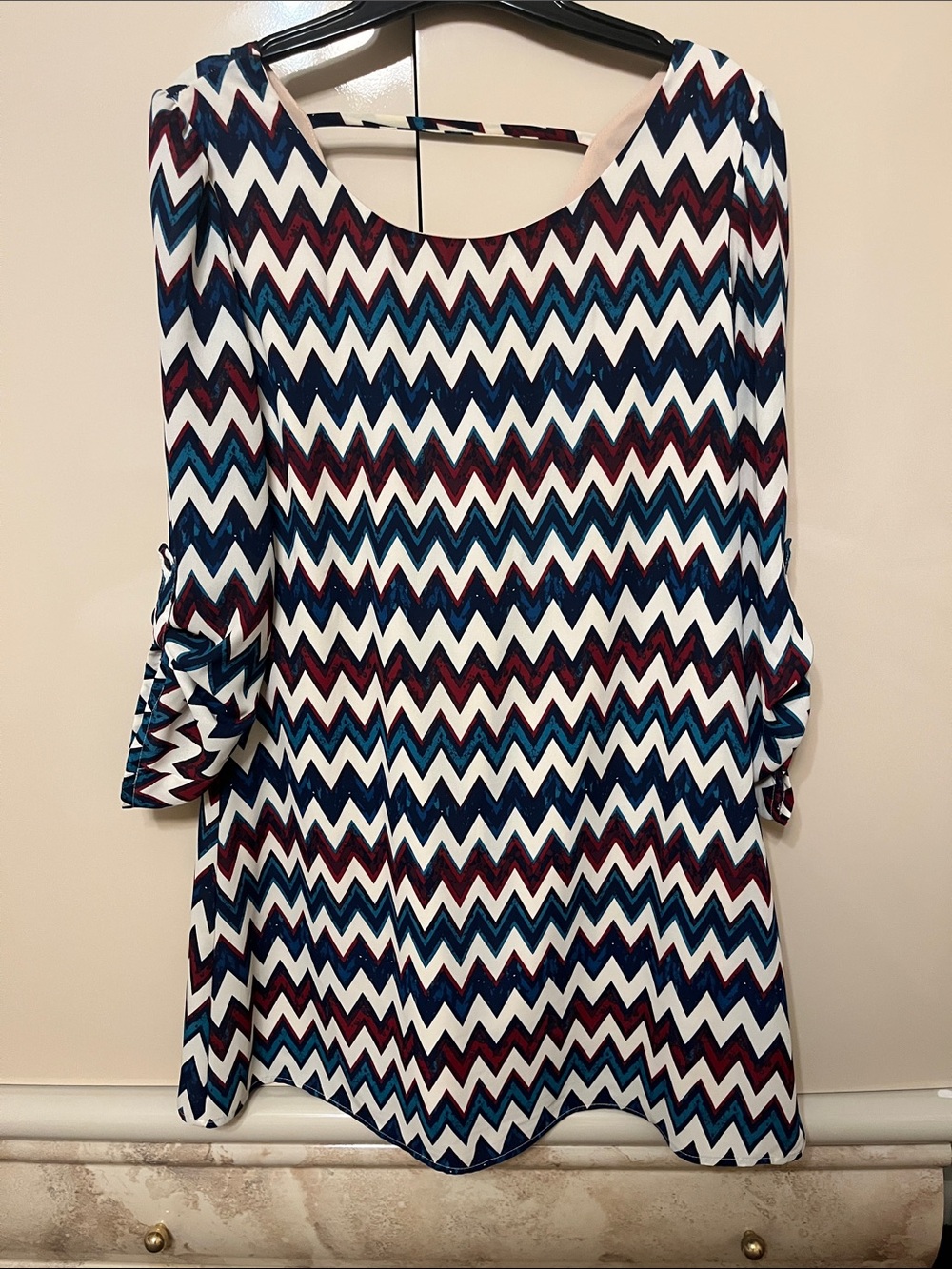Chevron Print Long Sleeve Tunic Dress - Navy, Burgundy , Green & White